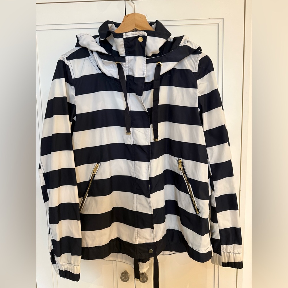 Zara rain jacket in navy and white strips with gold hardware